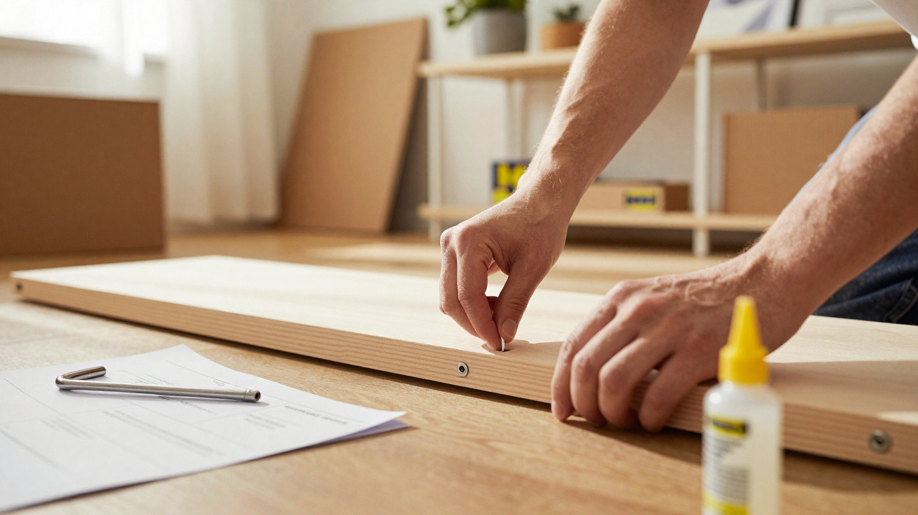 Person assembling furniture, inserting a wooden dowel into a wooden panel with glue and Allen key nearby.
