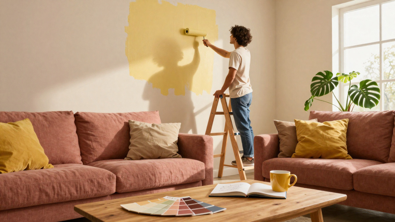Person on ladder painting a beige wall light yellow in a cosy living room with pink sofas and a wooden table.