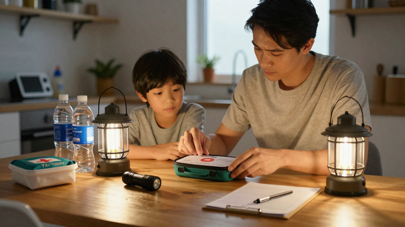 Father and son using emergency survival kit at table lit by lanterns in a kitchen.