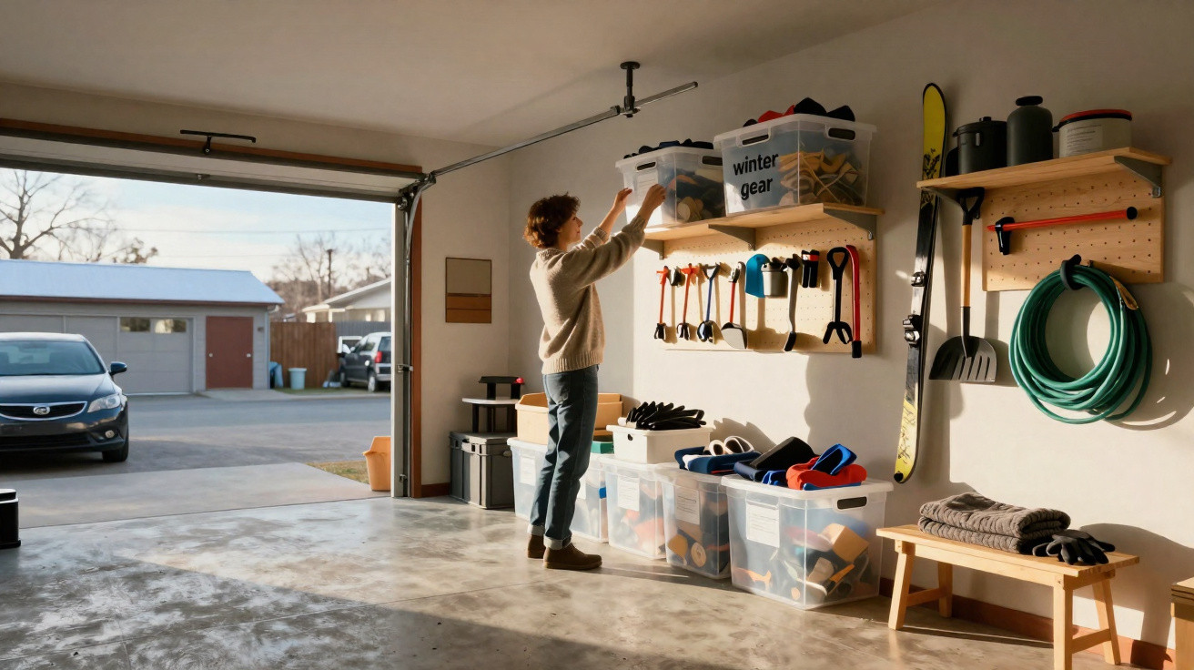 Person organising labelled storage boxes and tools in a tidy, sunlit garage with an open door and parked car outside.