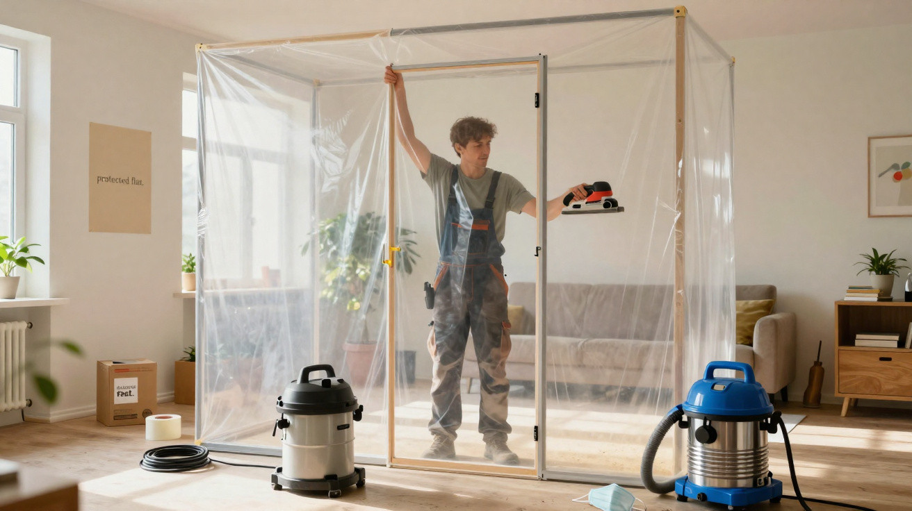 Person wearing overalls using a sander inside a clear plastic dust containment box in a living room.