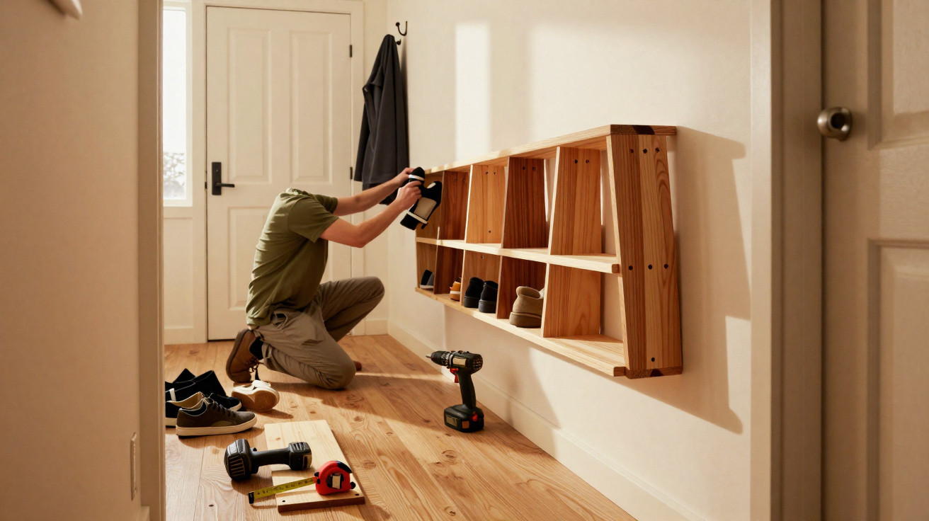 Person installing a wooden wall-mounted shoe rack in a bright hallway with tools on the floor.