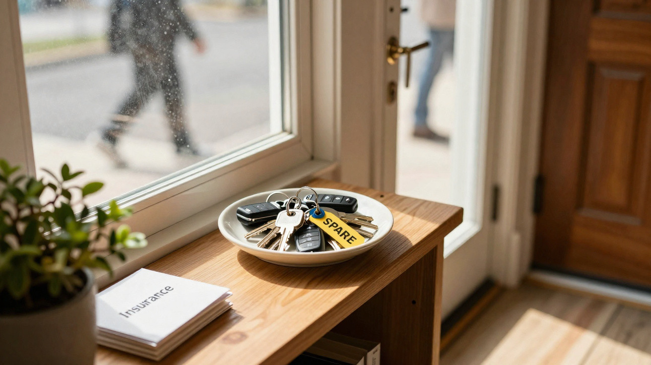 A bowl of keys with a yellow "spare" tag on a wooden table by a window with a plant and an insurance booklet nearby.